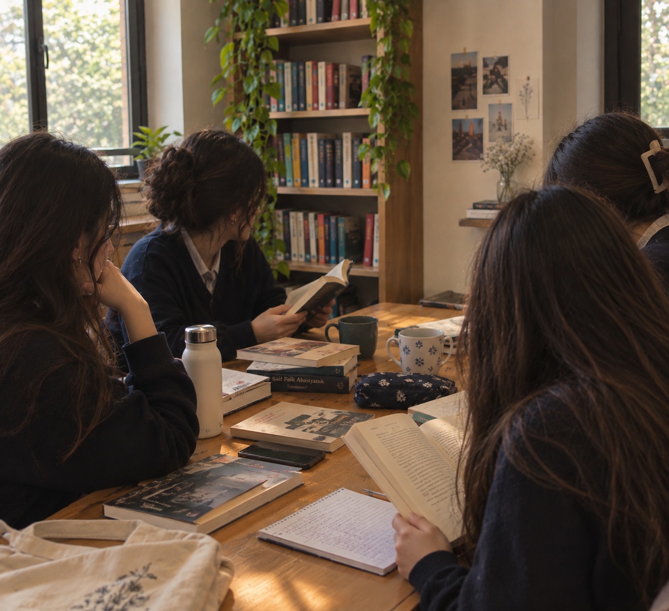 Ahşap masada oturup kitap okuyan genç kadın